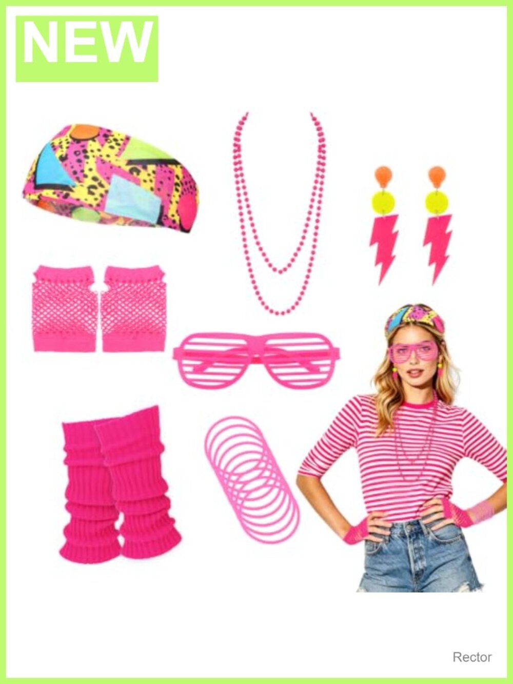 7Pc 80s 90s Fancy Costume Accessories Set Fishnet Gloves Leg Warmers Neon